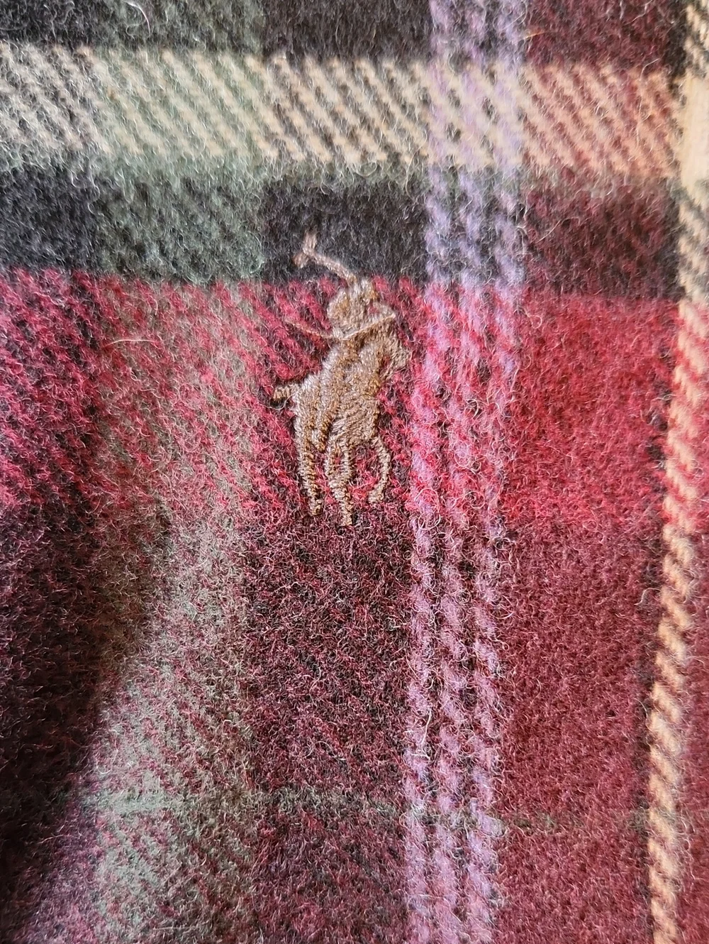 Polo by Ralph Lauren Burgundy, Green & Purple Plaid Wool Fringe Scarf